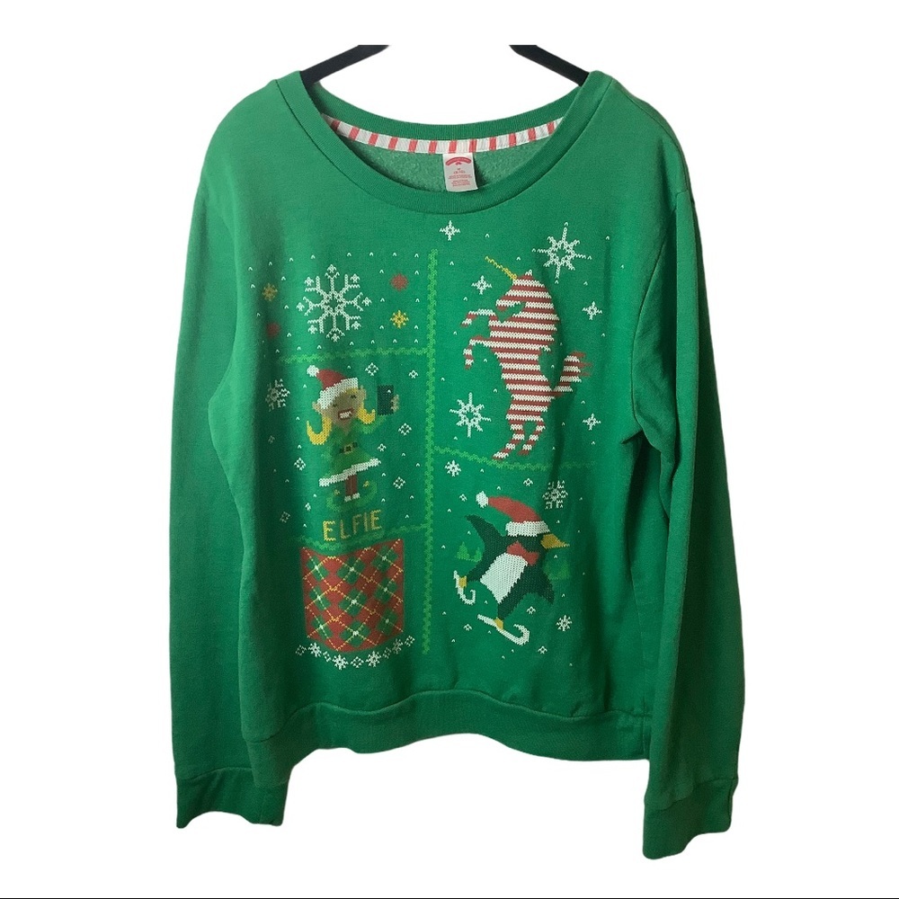 Holiday Time Christmas sweatshirt Size Medium Unicorn Penguin‎ Elfie Snowflakes